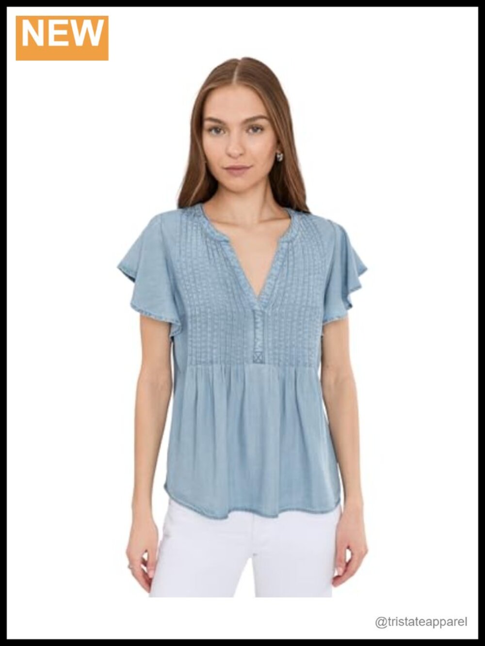 Flutter Sleeve Popover Blouse with Pin Tuck, 100% Lyocell, V-Neck